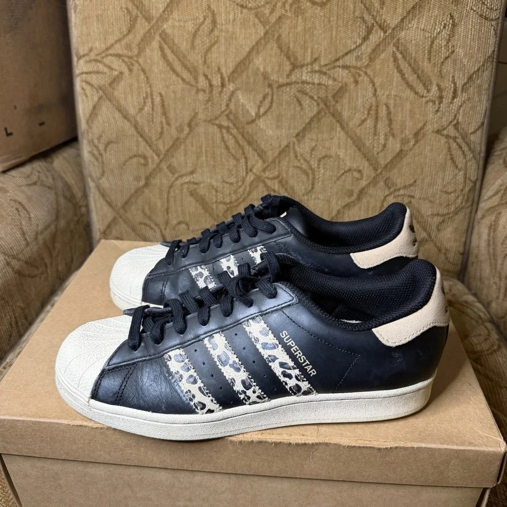 adidas Superstar Black/White Leopard Leather Sneakers IF7616 Women's Size 9